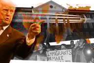 Photo illustration: President Donald Trump pointing over a college building with a map of the world with an airplane and student protesting.