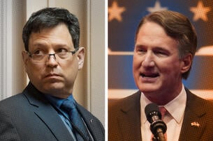 Headshots of Virginia senator Scott Surovell (D-Fairfax) and Virginia governor Glenn Youngkin.