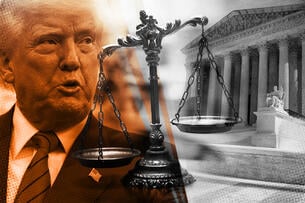 A collage of President Donald Trump, the scales of justice and the Supreme Court building. 