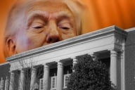 A photo illustration of Donald Trump overlooking a college campus.