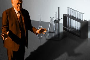 President Donald Trump casting a shadow over lab equipment.