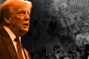 A photo illustration containing a photograph of Trump's face next to photographs of Rutgers University strike participants.