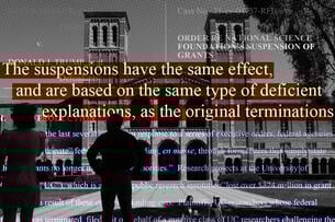 The quote "The suspensions have the same effect, and are based on the same type of deficient explanations, as the original terminations," from court documents overlaid on top of an image of UCLA.