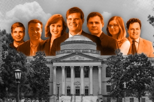 A photo illustration consisting of photographs of the faces of School of Civic Life and Leadership faculty placed on an image of a building on campus.