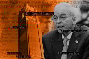 A combination of a campus image of the University of Florida, the incoming interim president, Donald Landry, and snippets of his contract.
