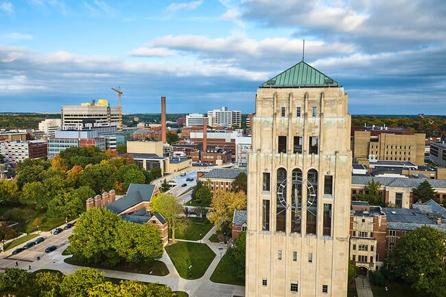 Aerial View of Burton Memorial Tower Amidst Urban Landscape, University of Michigan, Ann Arbor