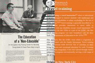 Photo illustration: A travel training brochure in CUNY archive and the Wikipedia article created from it.