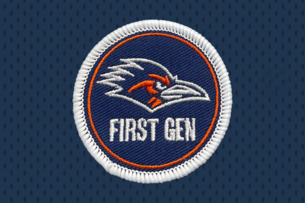 A mockup of UTSA's first-gen patch for student athletes features a white and orange roadrunner image and the words "first gen" underneath